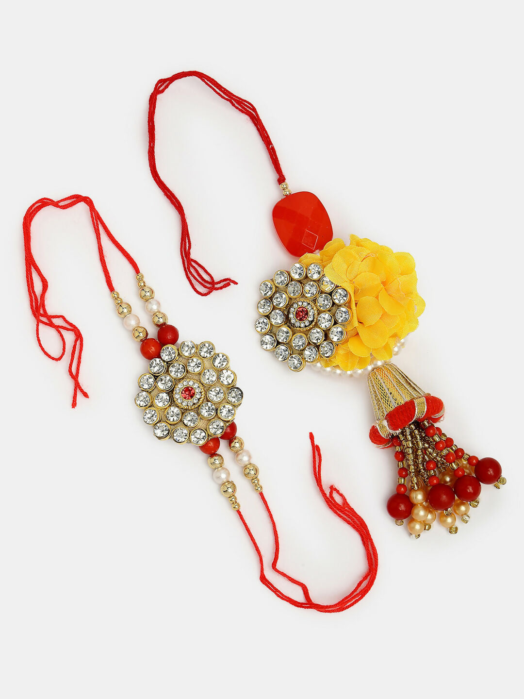 NVR Women & Men Set of 2 Red & Gold-Toned Stone-Studded & Beaded Bhaiya Bhabhi Rakhi With Roli Chawal | Swadesiicart