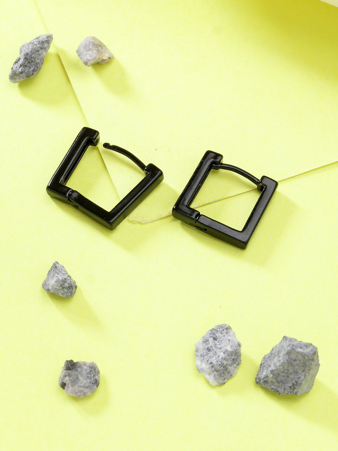 NVR Men's Black Rhodium-Plated Geometric Shape Stainless Steel Hoop Earrings