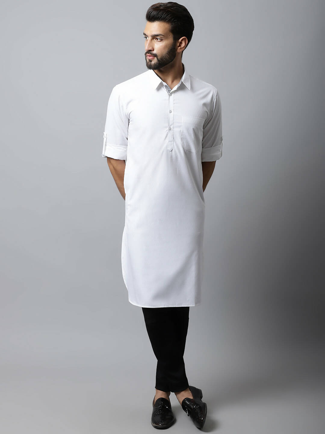 Even Apparels White Color Pure Cotton Solid Men's Kurta With Shirt Collar (SLD1203) | Swadesiicart