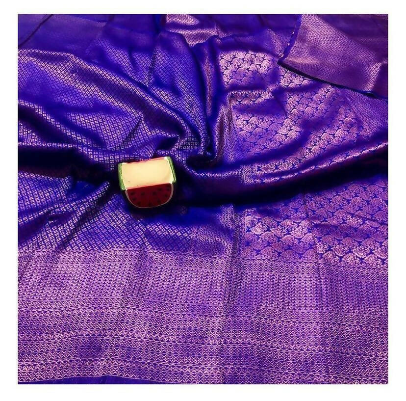 DEIANA'S Beautiful Designer Golden zari Soft Lichi Silk Saree - Royal Blue - Swadesiicart