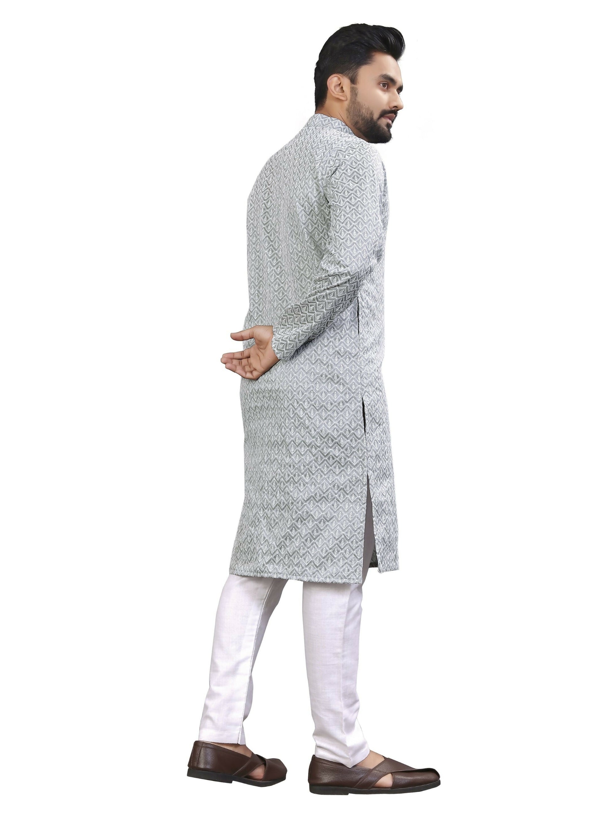 Anaita Grey Lucknowi Work Silk Straight Kurta