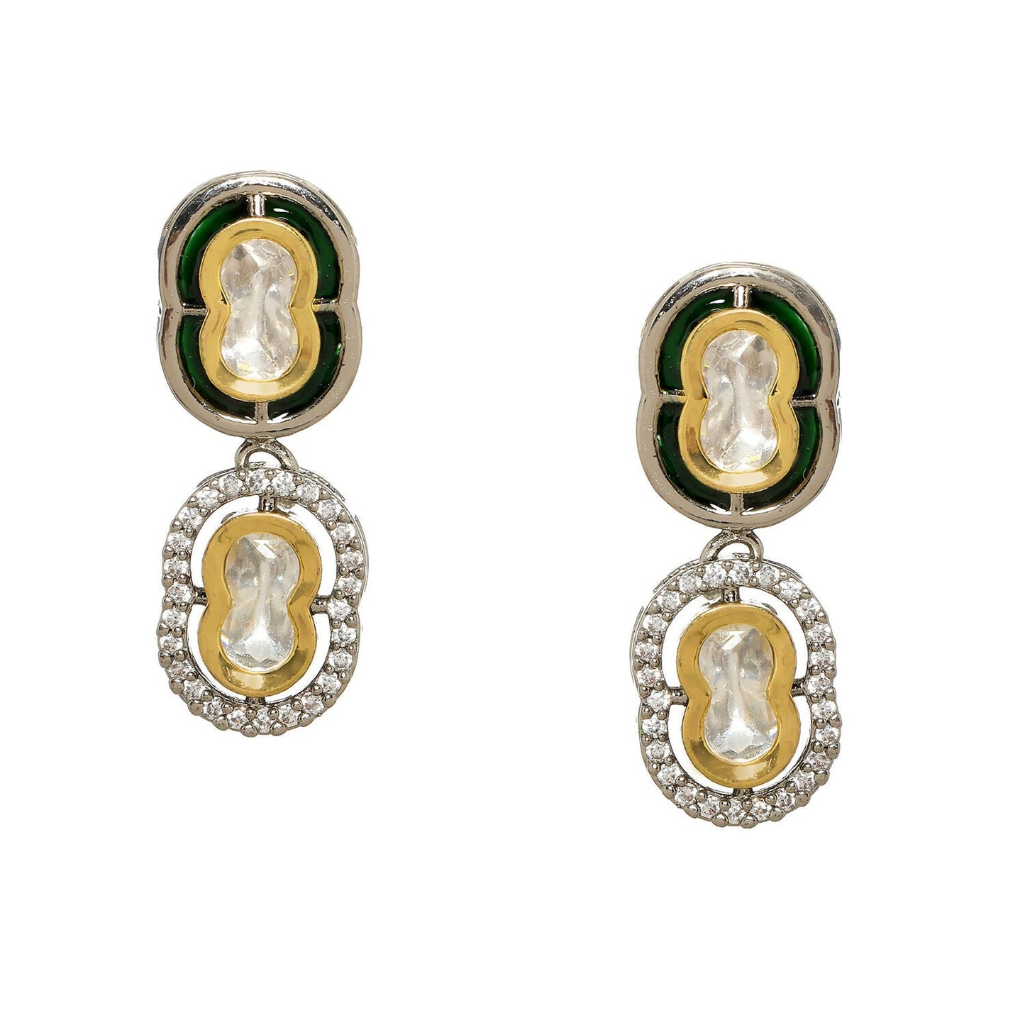 Double Mufli (peanut) Meenakari and Diamond Earrings (Silver) - Ruby Raang | Swadesiicart