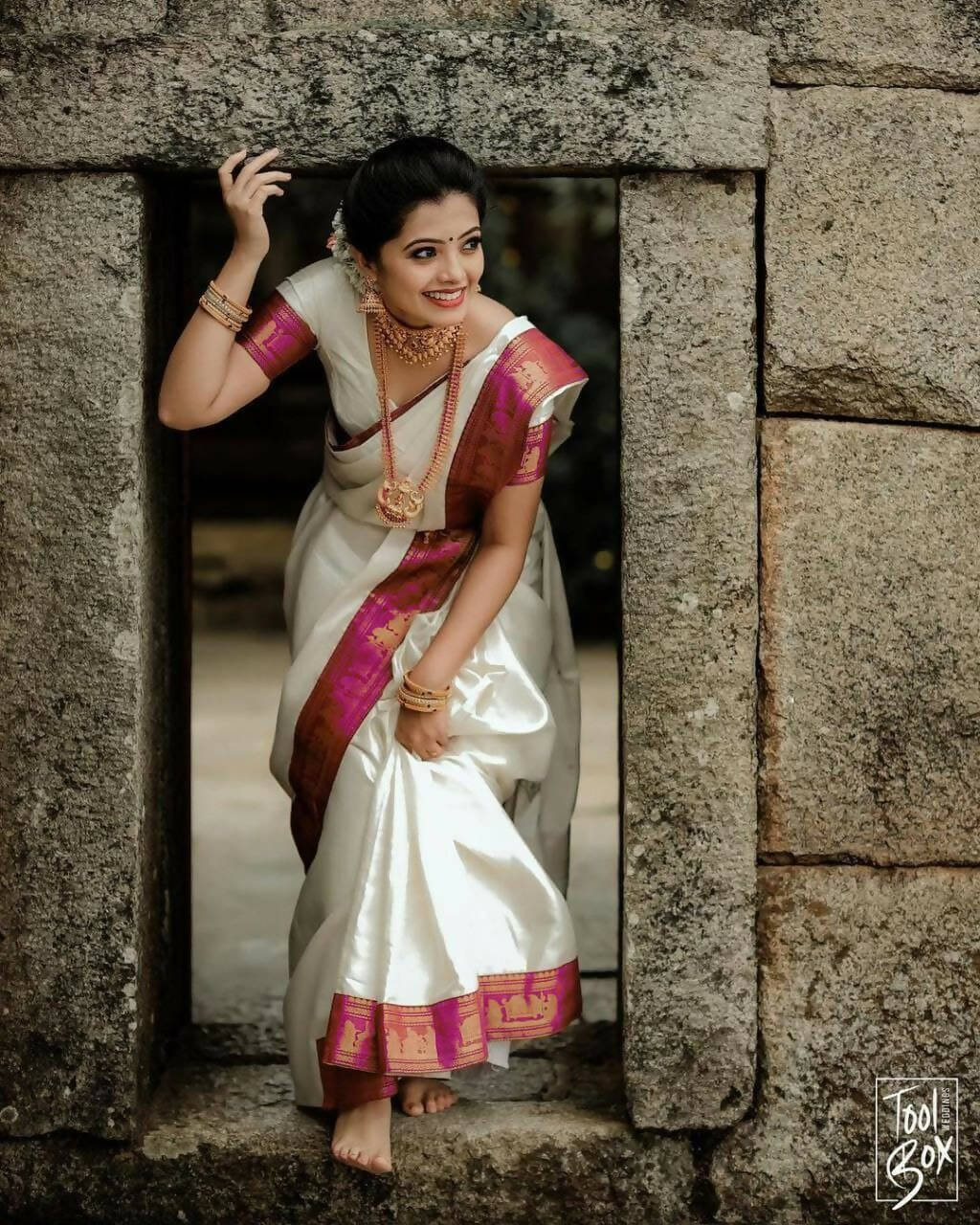 DEIANA'S Beautiful Designer Golden zari Soft Lichi Silk Saree - White - Swadesiicart