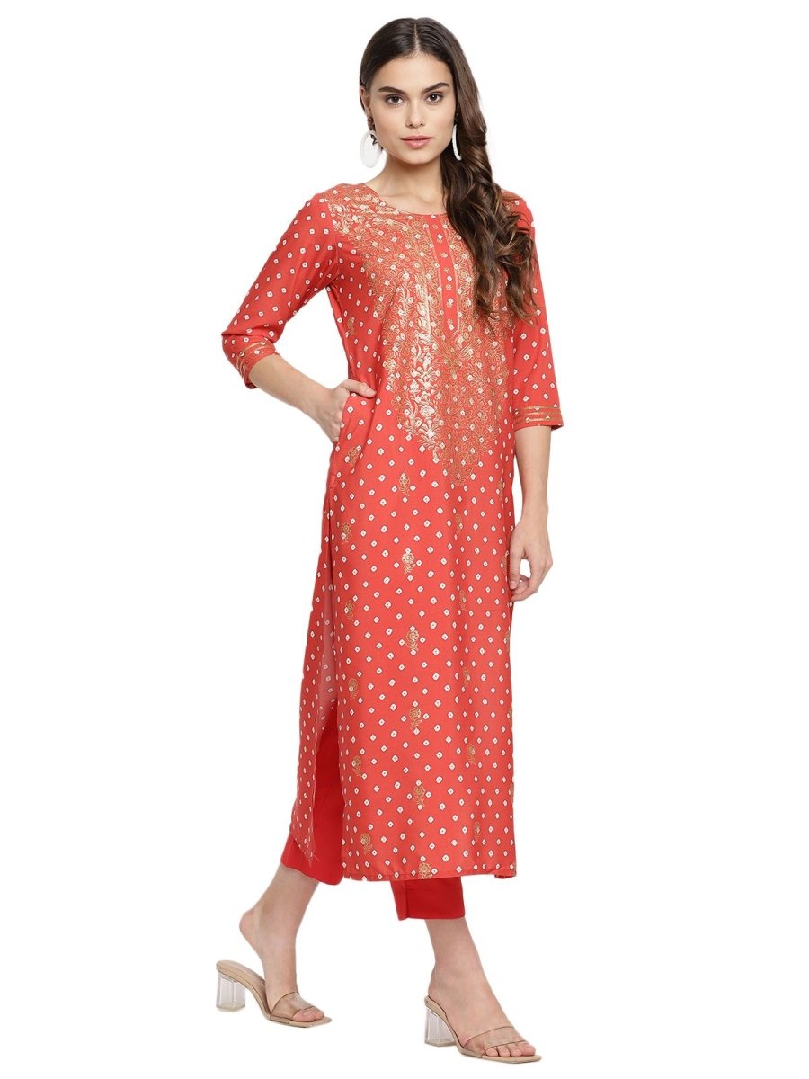 Ahalyaa Red Crepe Bandhani Gold Printed Kurta Pant With Dupatta | Swadesiicart