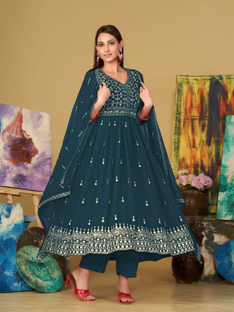 Jyoti Fashion Women's Rama Georgette Embroidered Anarkali Kurta Pant Set With Dupatta | Swadesiicart
