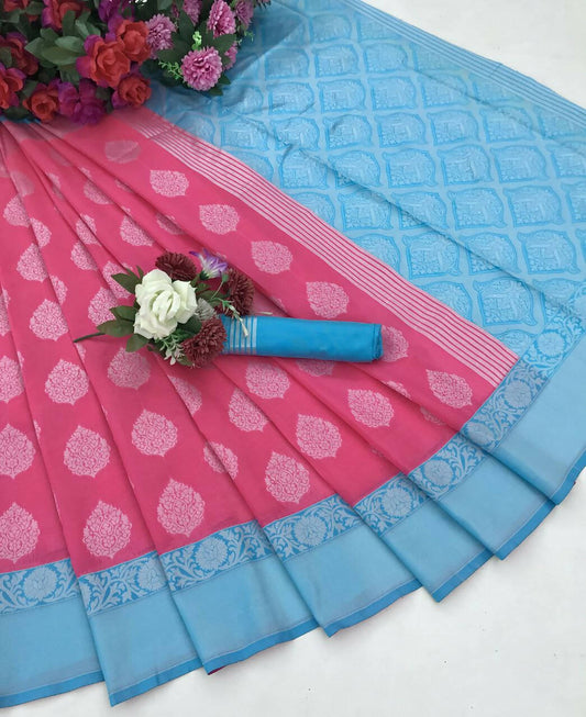 DEIANA'S Beautiful Designer Golden zari Soft Lichi Silk Saree - Pink - Swadesiicart