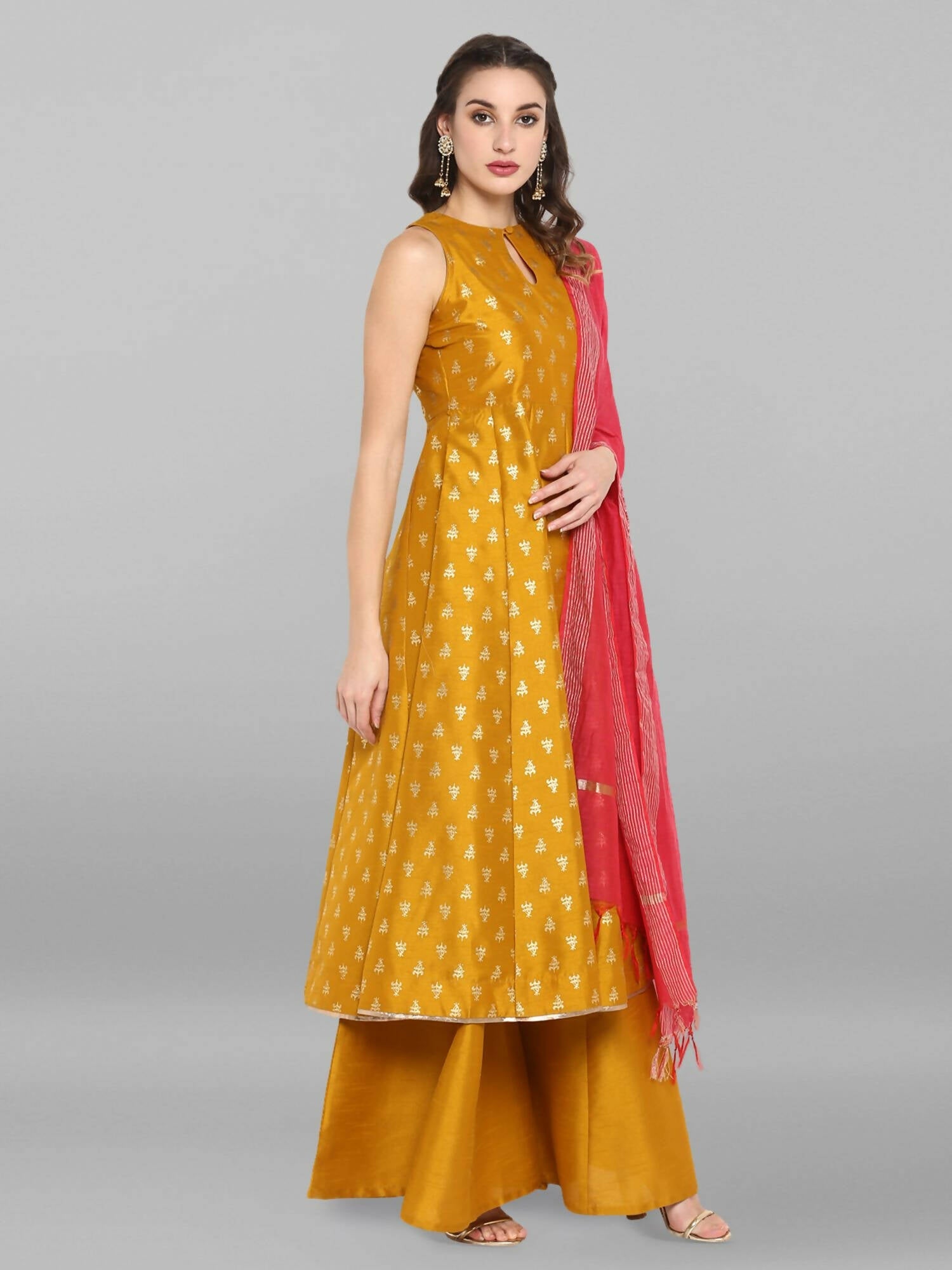 Janasya Women's Mustard Rayon Foil Print Kurti With Palazzo | Swadesiicart