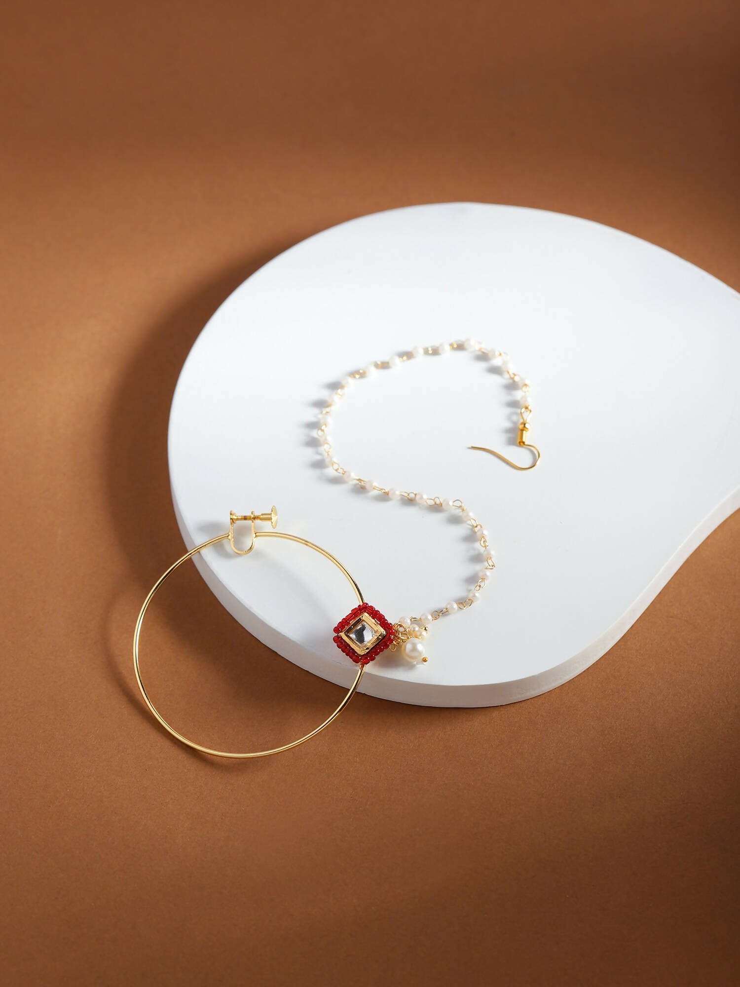 White Red Gold-Polished Kundan-Studded Beaded Nosepin - Ruby Raang | Swadesiicart