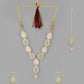 VOJ Gold-Polished Nude Pink And Mint Green Stone Studded Jewellery Set With Maang Tikka - VOJ (Valley Of Jewellery)