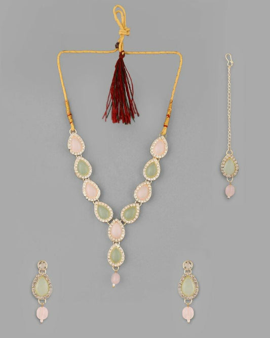 VOJ Gold-Polished Nude Pink And Mint Green Stone Studded Jewellery Set With Maang Tikka - VOJ (Valley Of Jewellery)