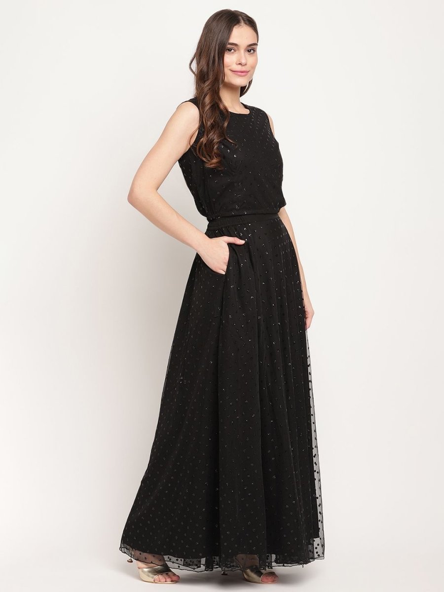 Ahalyaa Women's Black Net Glitter Print Top Skirt Set With Dupatta | Swadesiicart
