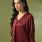 Myshka Women's Maroon Solid Satin V-Neck Party Tunic With Trousers Co-ord set - Swadesiicart