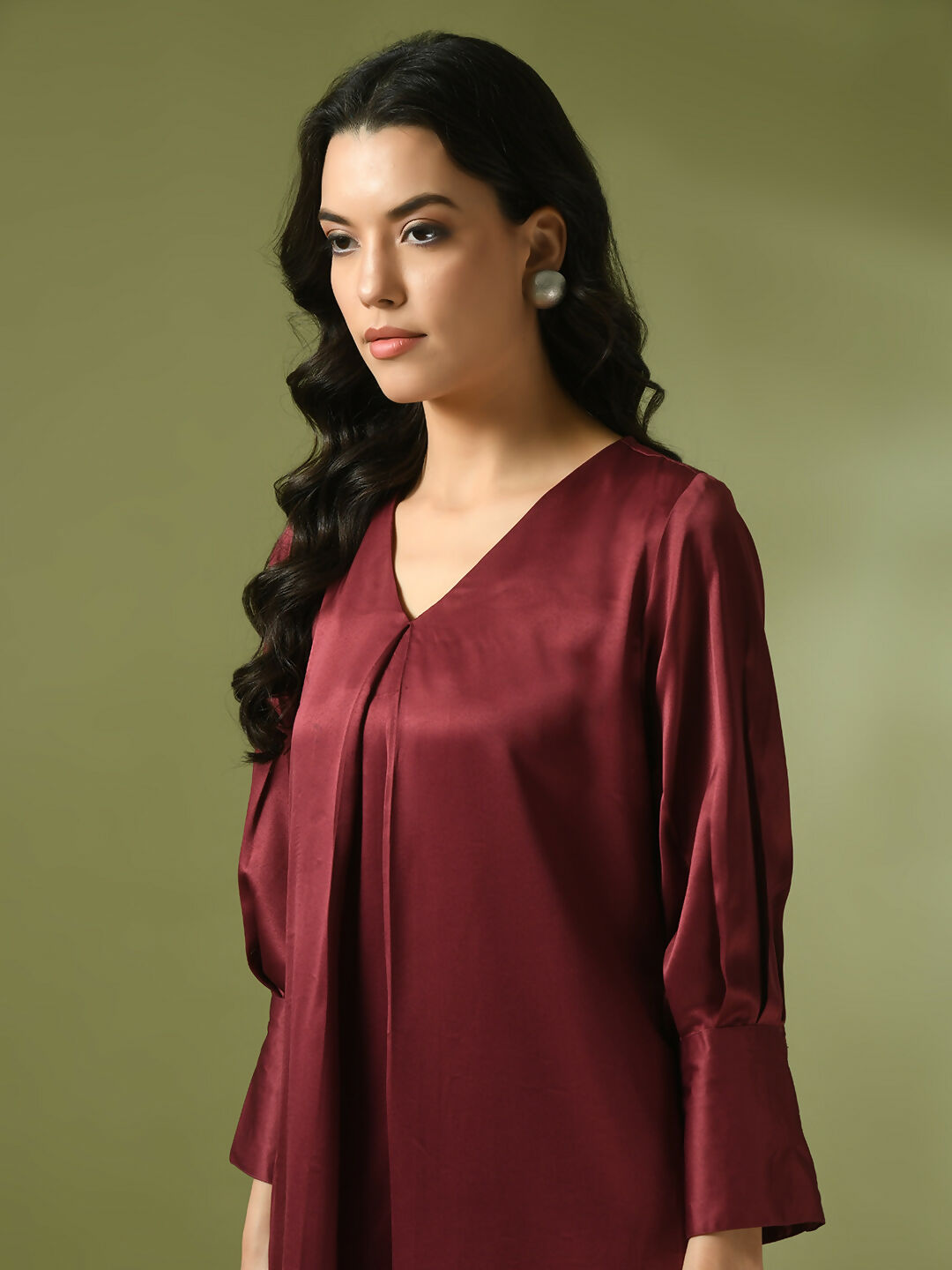 Myshka Women's Maroon Solid Satin V-Neck Party Tunic With Trousers Co-ord set - Swadesiicart