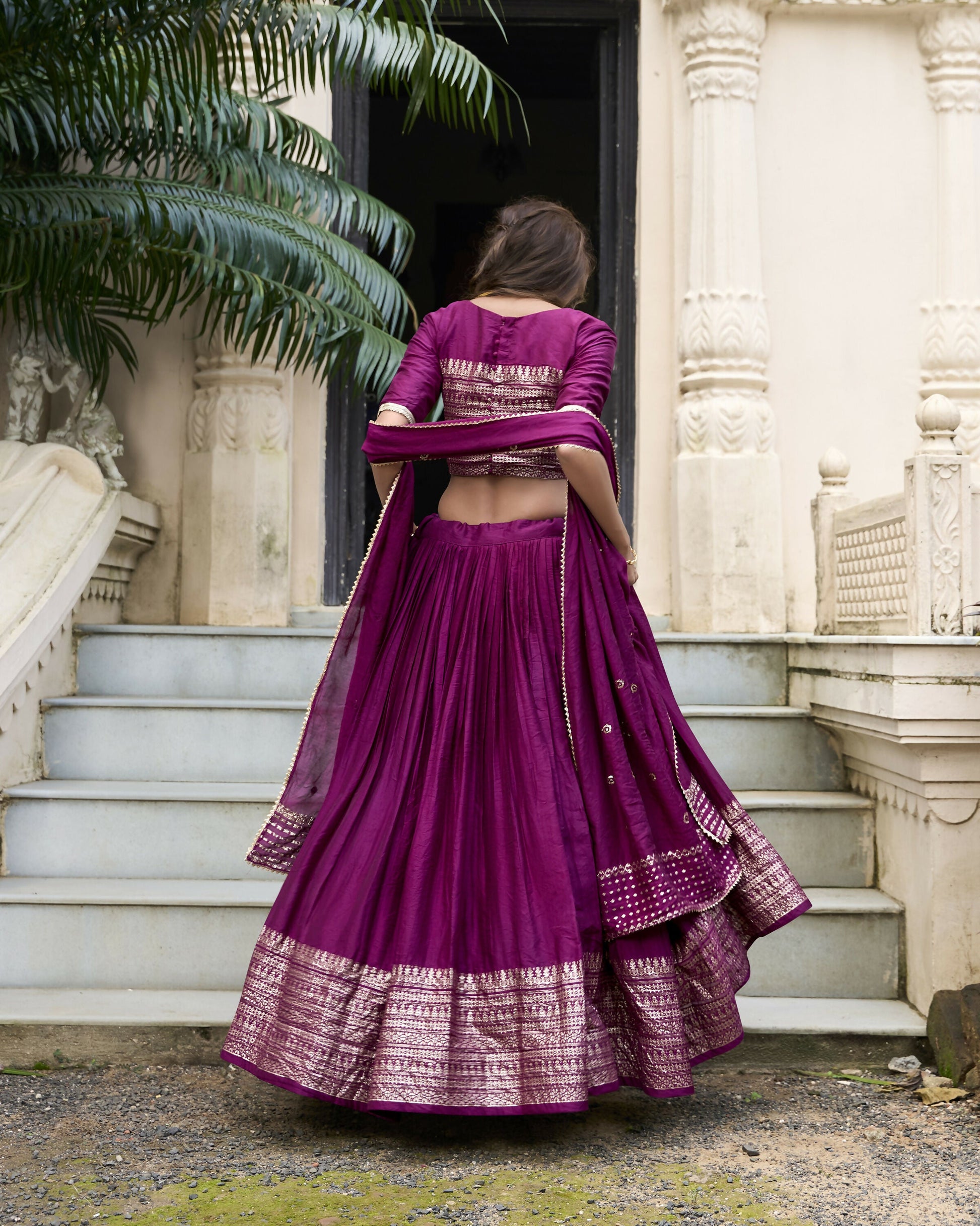 Lorenvalley Wine Pure Chanderi Plain With Zari Weaving Work Border Lehenga Choli | Swadesiicart