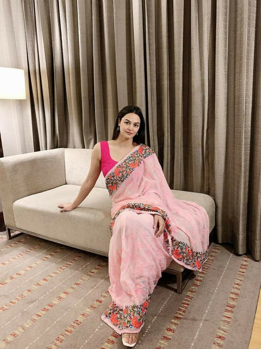 Vamsee Sandhya Pink Georgette Saree - Swadesiicart