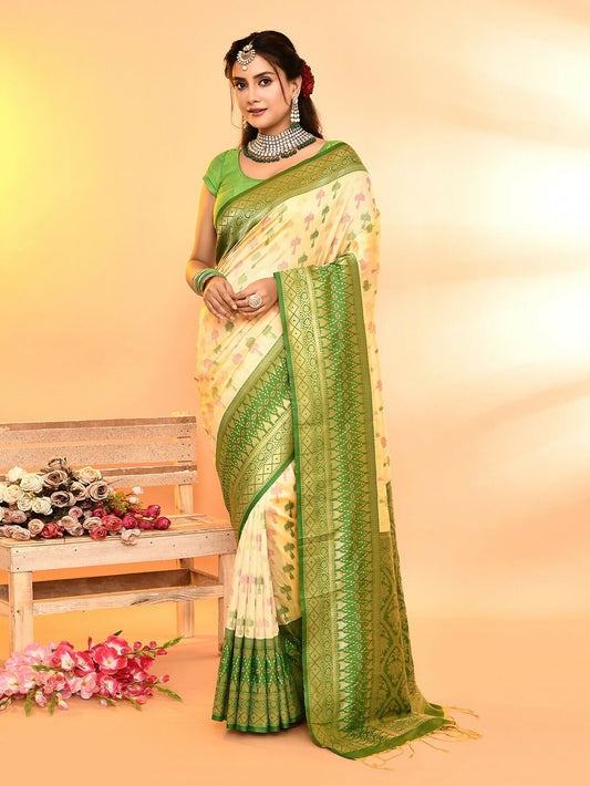 Joban Fashion Light Yellow & Parrot Green Plain With Weaving Border Banarasi Silk Sarees | Swadesiicart