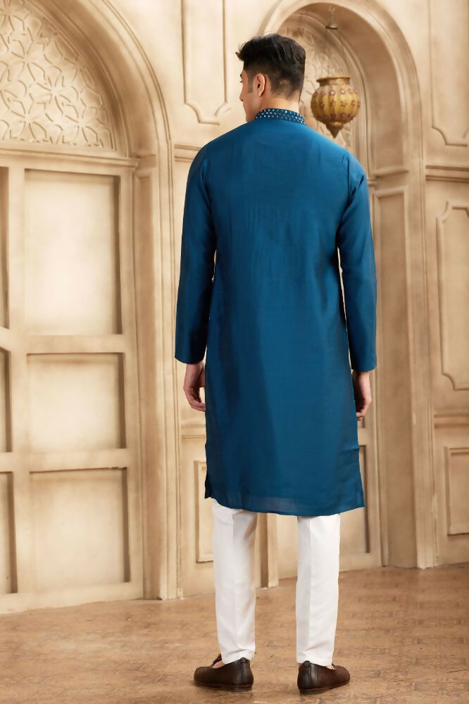 Raivat Ethnic Banarasi Art Silk Mirror Work Kurta Pajama In Blue Colour | Swadesiicart