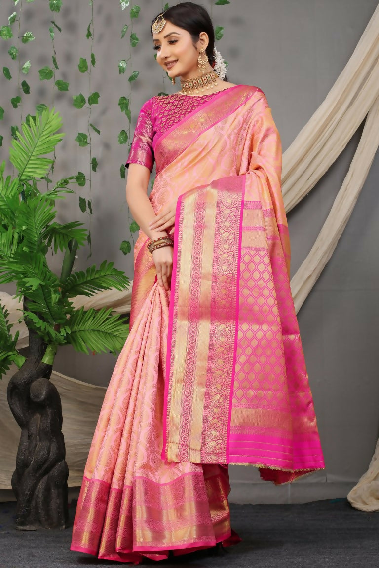 Jyoti Fashion Women's Peach Kanjivaram Silk Zari Woven Saree with Blouse | Swadesiicart