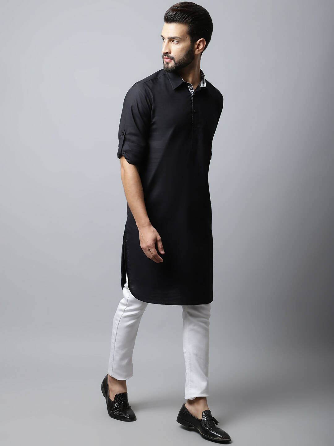 Even Apparels Black Color Linen Solid Men's Kurta With Shirt Collar (LN761) | Swadesiicart