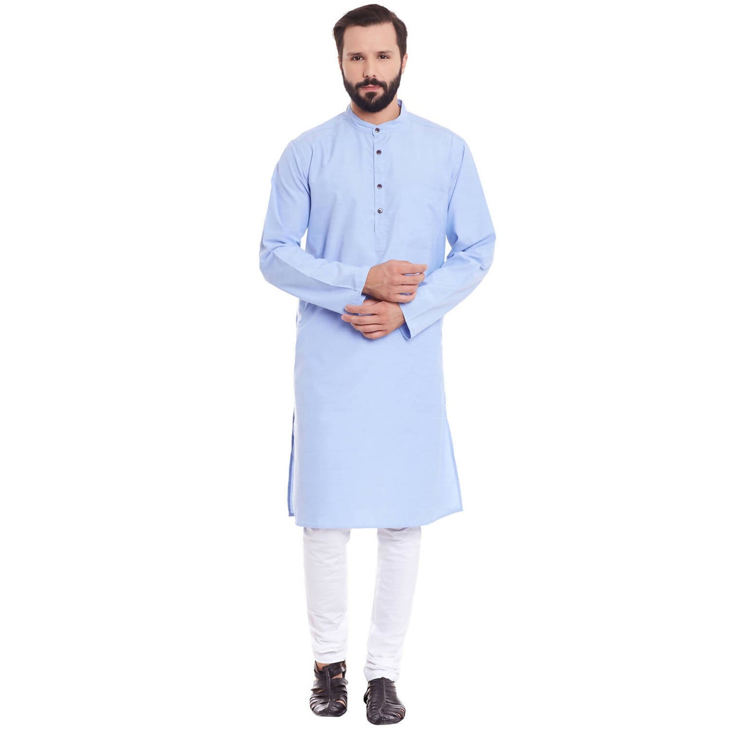 Even Apparels Blue Color Pure Cotton Men's Kurta With Band Collar | Swadesiicart