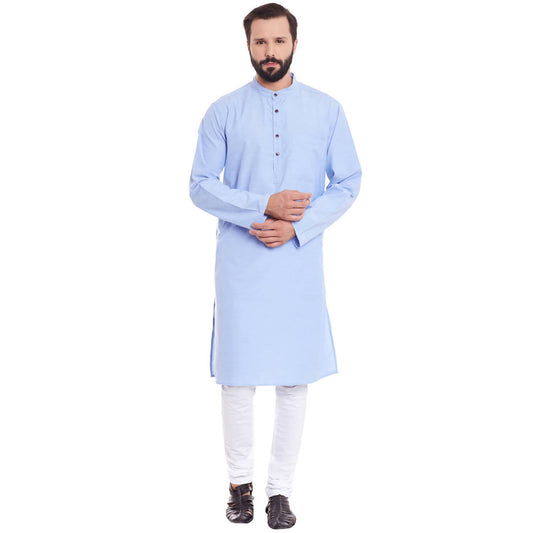 Even Apparels Blue Color Pure Cotton Men's Kurta With Band Collar | Swadesiicart