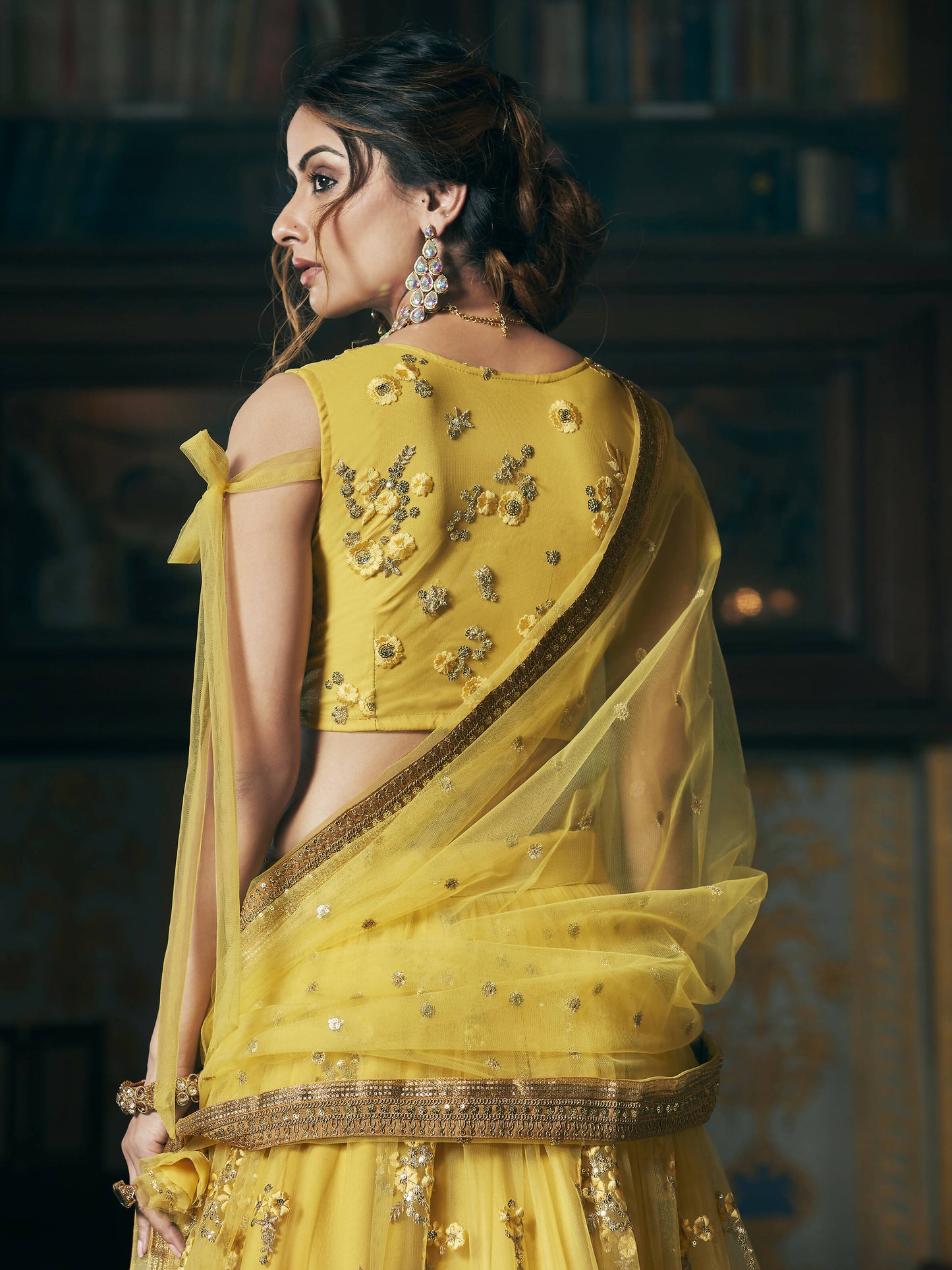 Wedding Designer Sequene Zari Resham Embroidery Yellow Net Lahengha Choli - Anbazaar | Swadesiicart