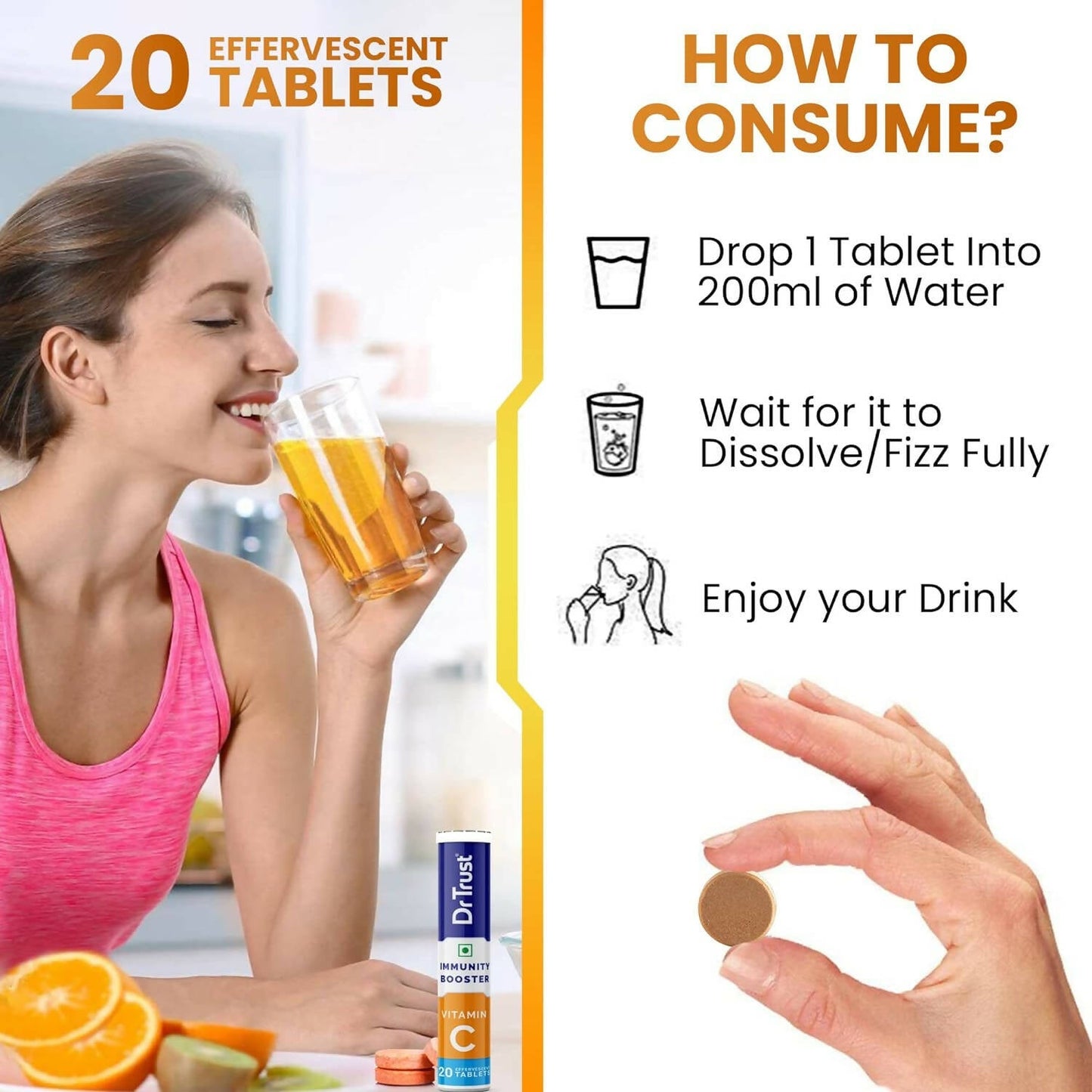 Dr Trust Vitamin C Effervescent Tablets - Orange Flavor - Swadesiicart