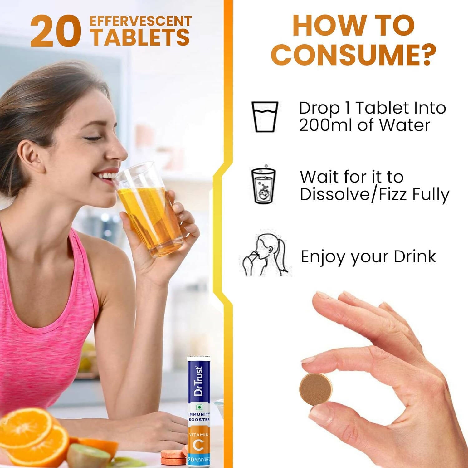 Dr Trust Vitamin C Effervescent Tablets - Orange Flavor - Swadesiicart