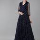 Ahalyaa Navy Blue Net & Crepe Silver Toned Polka Dots Printed Maxi Dress | Swadesiicart