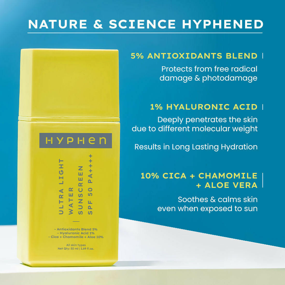 Hyphen By Kriti Sanon Ultra Light Water Sunscreen SPF 50 PA++++ UVA-UVB & Blue Light Protection, No White Cast, For Men & Women | Swadesiicart