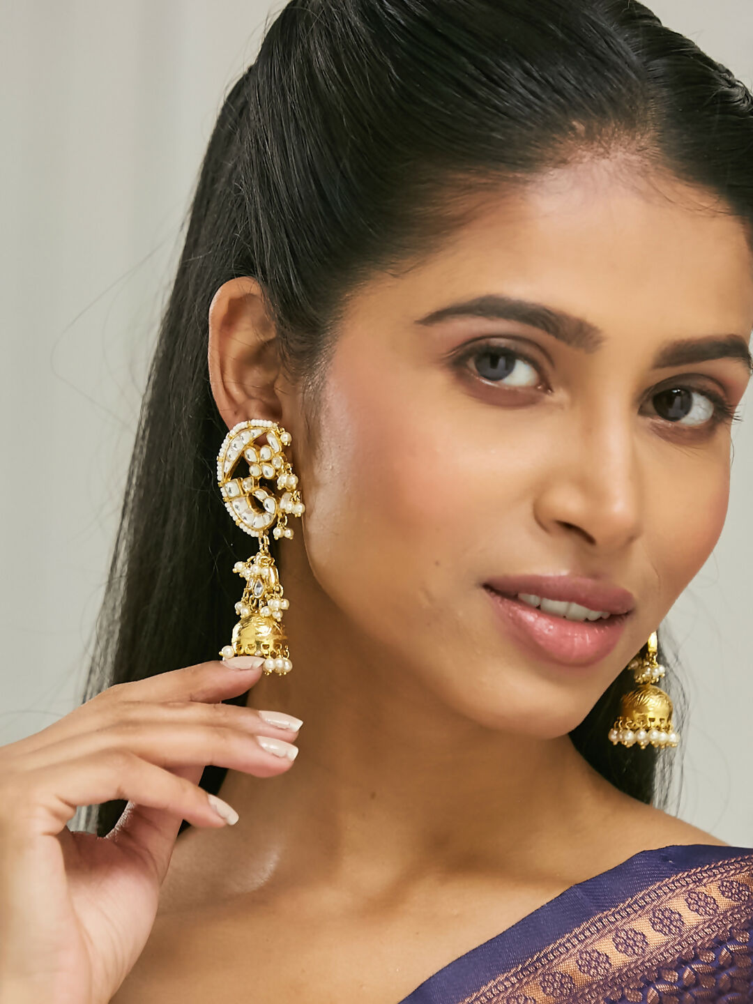 Nuyug 22K Gold-Plated Elegant Kundan Stone Studded & Pearl Drops Mini Jhumki Dangler Earrings | Swadesiicart