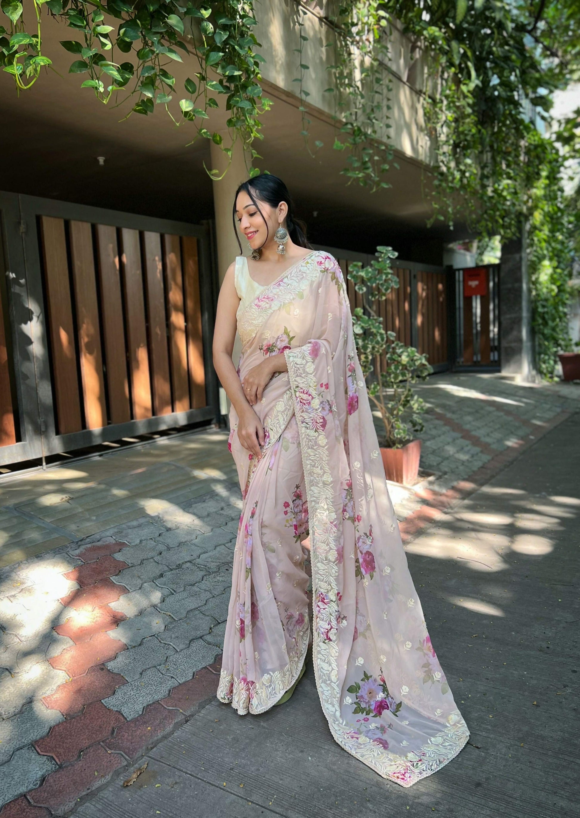 Vamsee Subh Laxmi Beige Georgette Saree - Swadesiicart