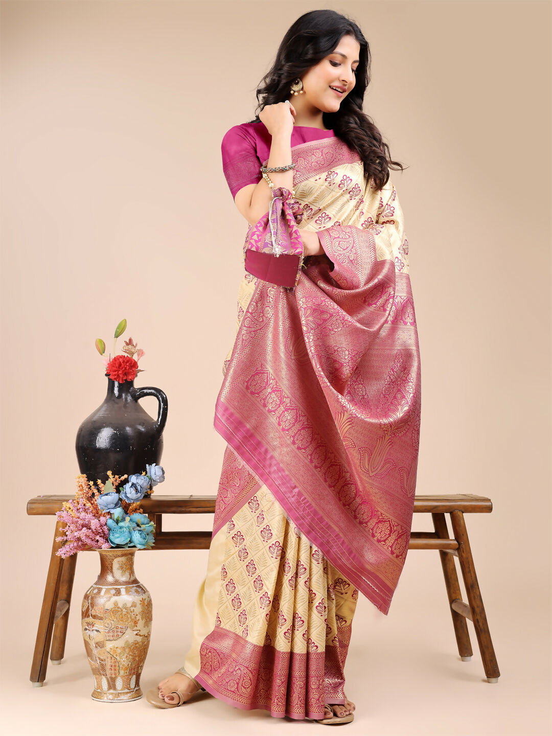 Astita Aura Silk Cream Magenta Banarasi Silk Saree | Swadesiicart