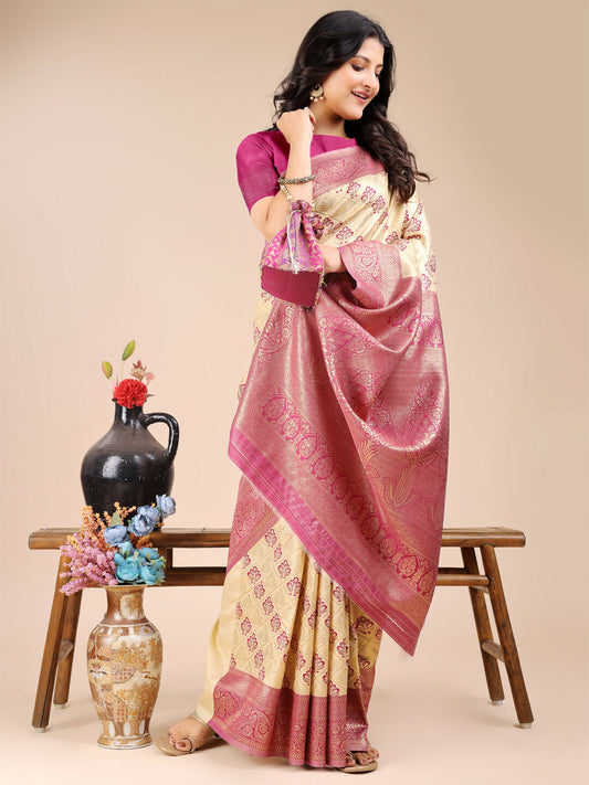 Astita Aura Silk Cream Magenta Banarasi Silk Saree | Swadesiicart