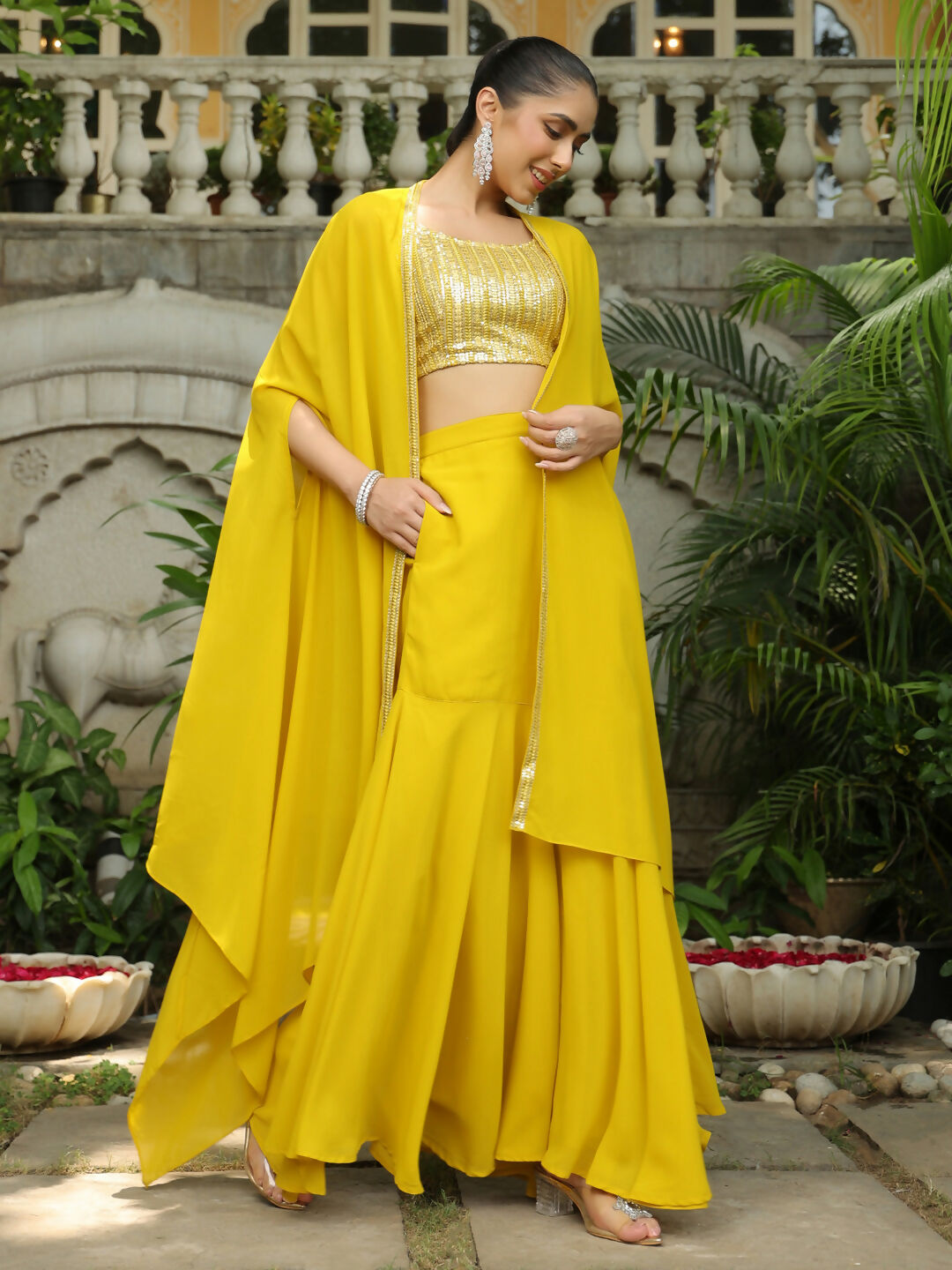 Janasya Yellow Georgette Sequined Top Bottom Cape | Swadesiicart