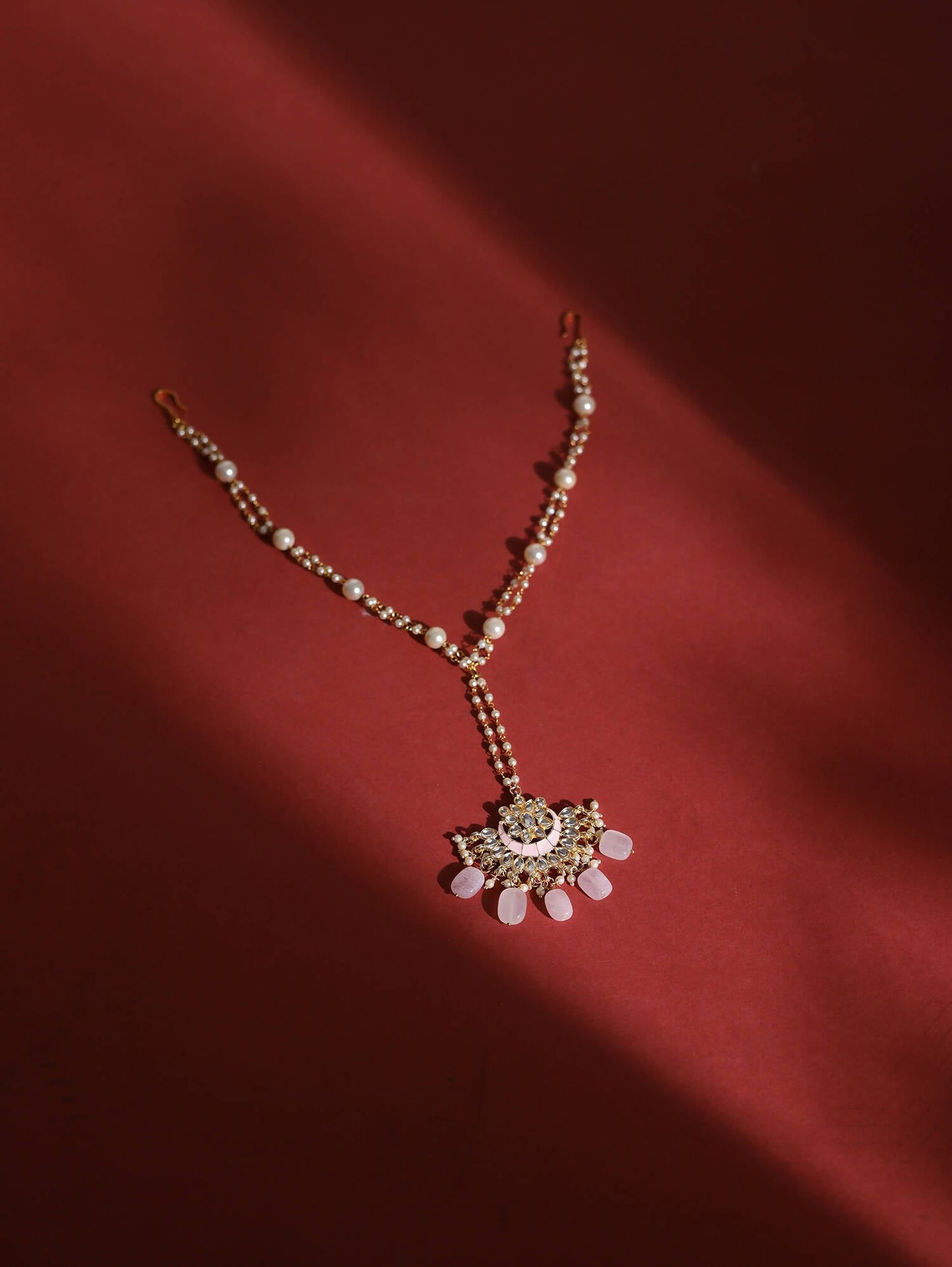 Gold-Polished White Kundan-Studded Pearl Beaded Matha Patti - Ruby Raang | Swadesiicart