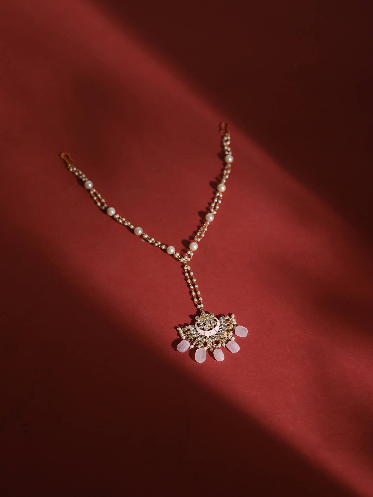 Gold-Polished White Kundan-Studded Pearl Beaded Matha Patti - Ruby Raang | Swadesiicart