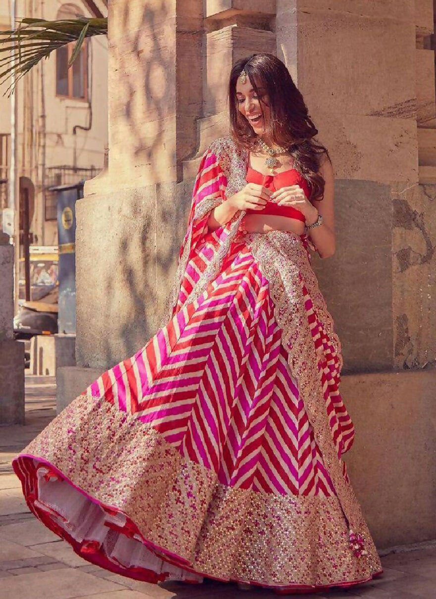 Jyoti Fashion Red & Pink Digital Print with Sequin Codding Embroidered Georgette Lehenga Choli with Dupatta | Swadesiicart
