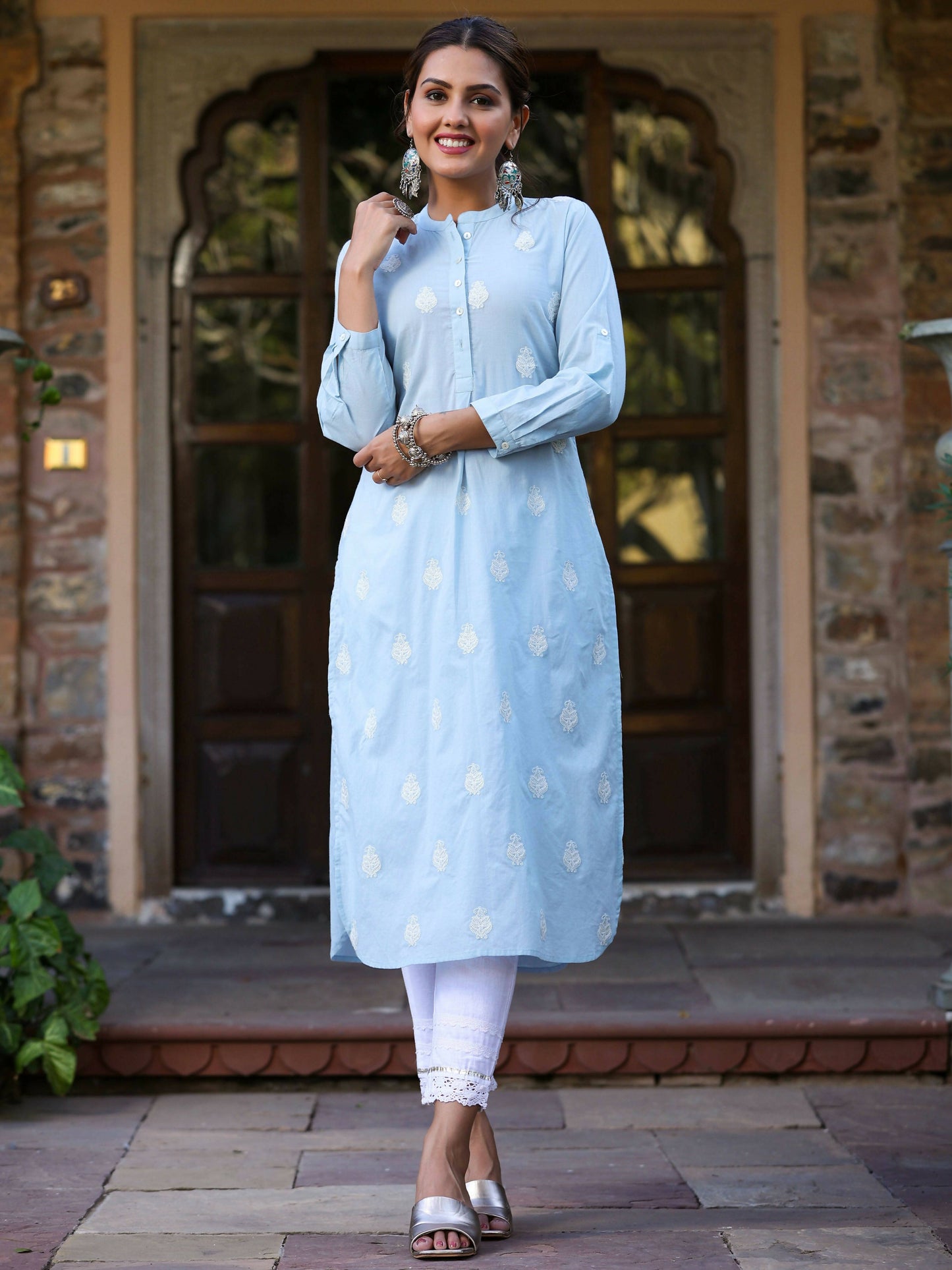 Juniper Women's Blue Cambric Embroidered Straight Kurta | Swadesiicart