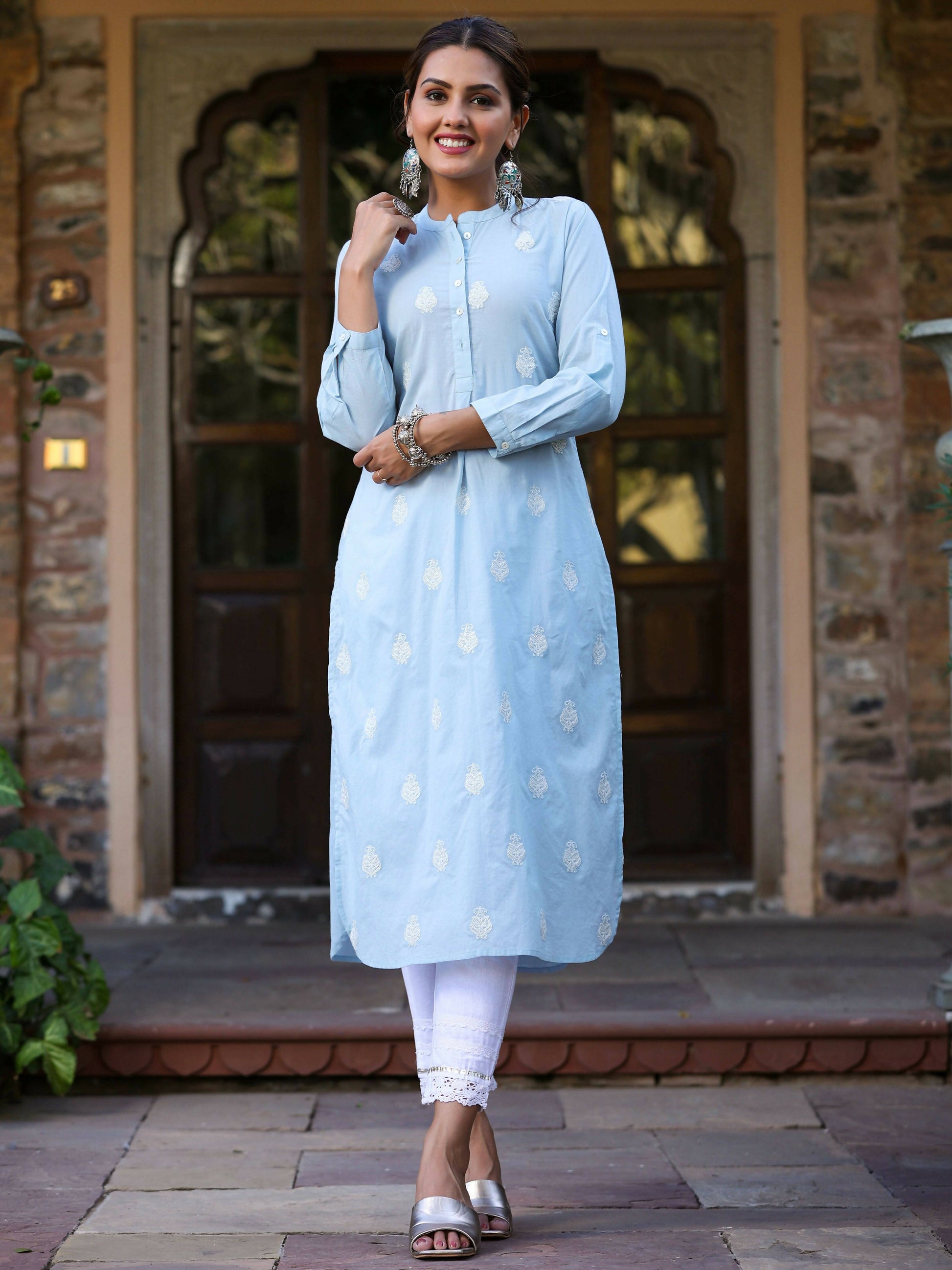 Juniper Women's Blue Cambric Embroidered Straight Kurta | Swadesiicart