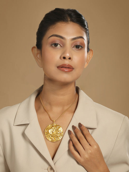 Nuyug 18K Gold-Plated Pearl Embellished Minimal Chain Textured Surface Floral Pendant Necklace | Swadesiicart