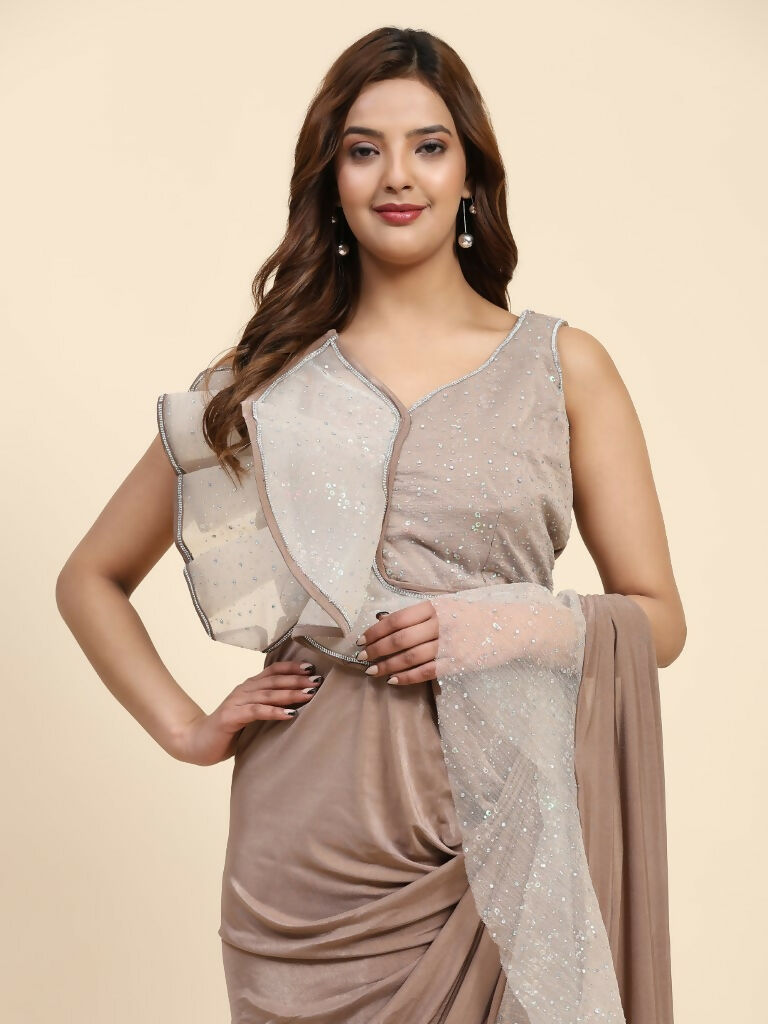Light Brown Lycra Solid Ready to Wear Saree with stitched Blouse - Nita | Swadesiicart