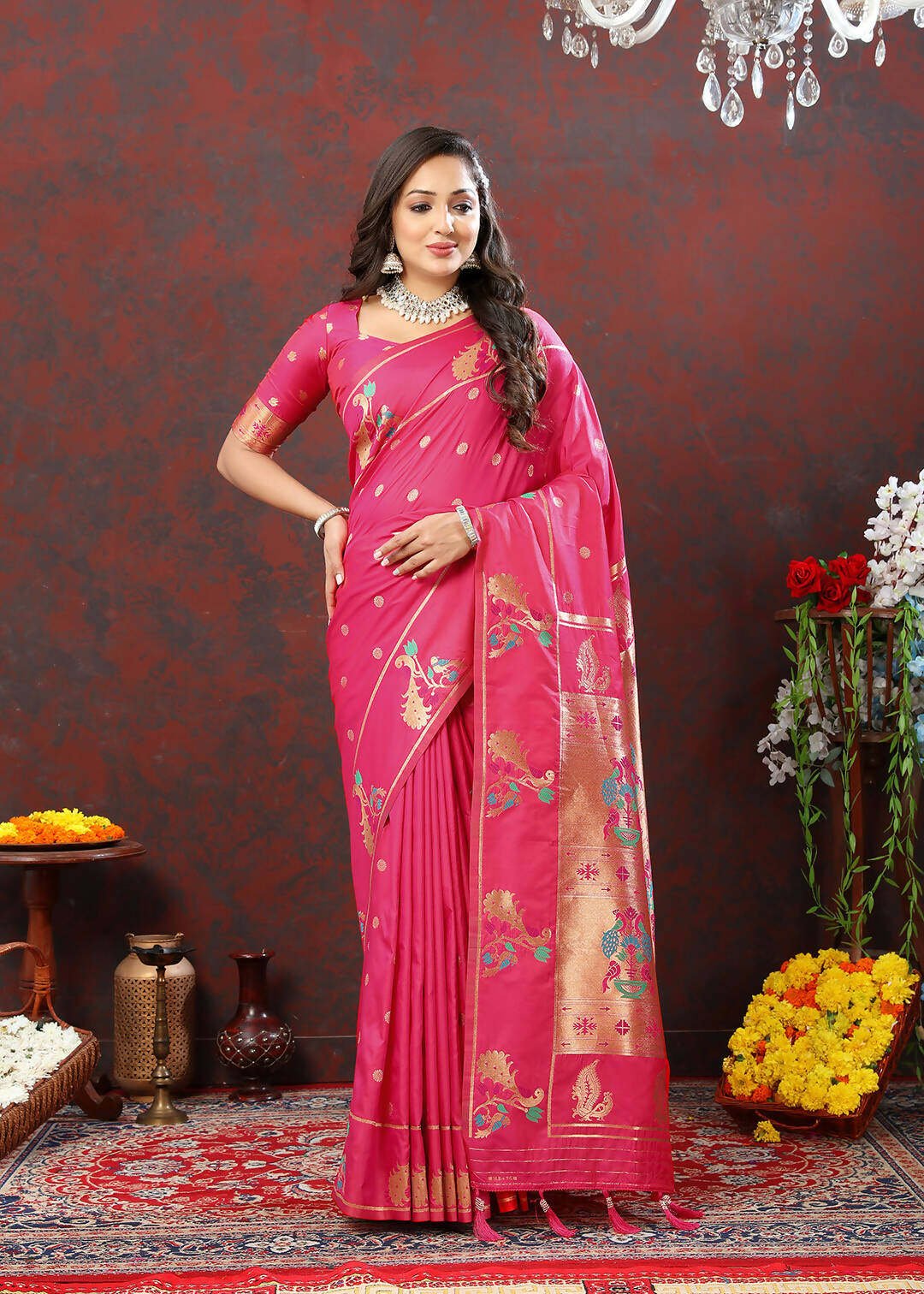 Lorenvalley Fashion Pink Soft Paithani Silk Woven Design Copper Zari Meenakari Weaving Saree - Swadesiicart