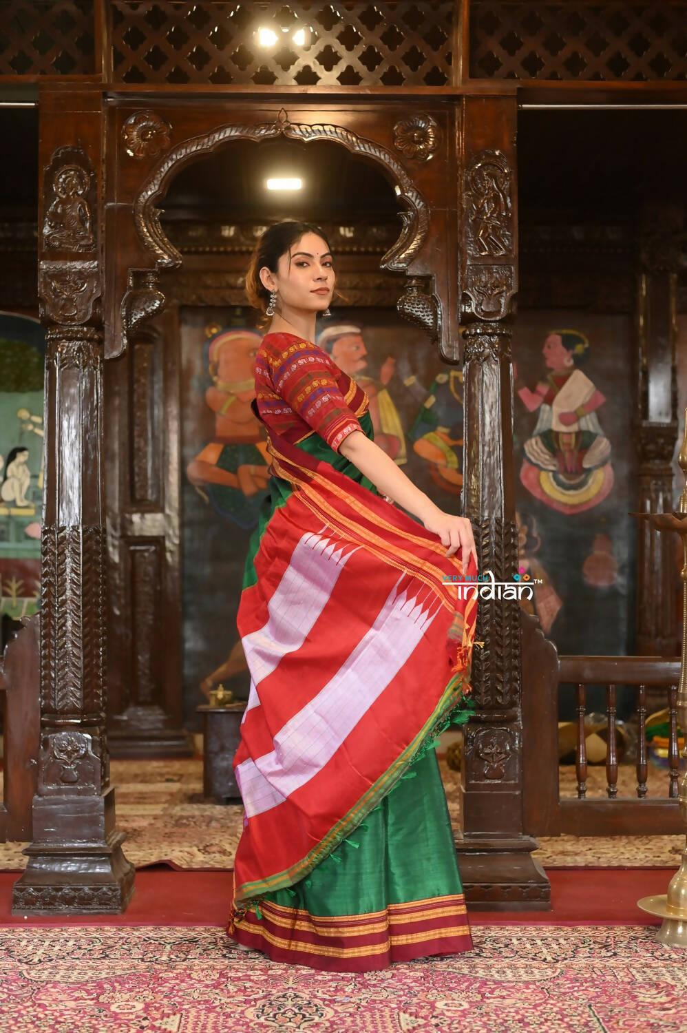 Very Much Indian Handloom Cotton Viscose Ilkal Saree Bright Green With Red Border | Swadesiicart
