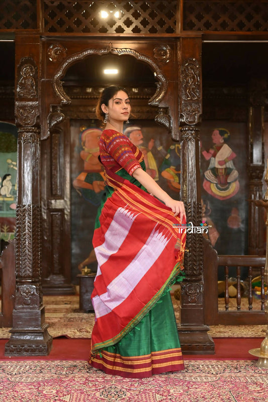 Very Much Indian Handloom Cotton Viscose Ilkal Saree Bright Green With Red Border | Swadesiicart