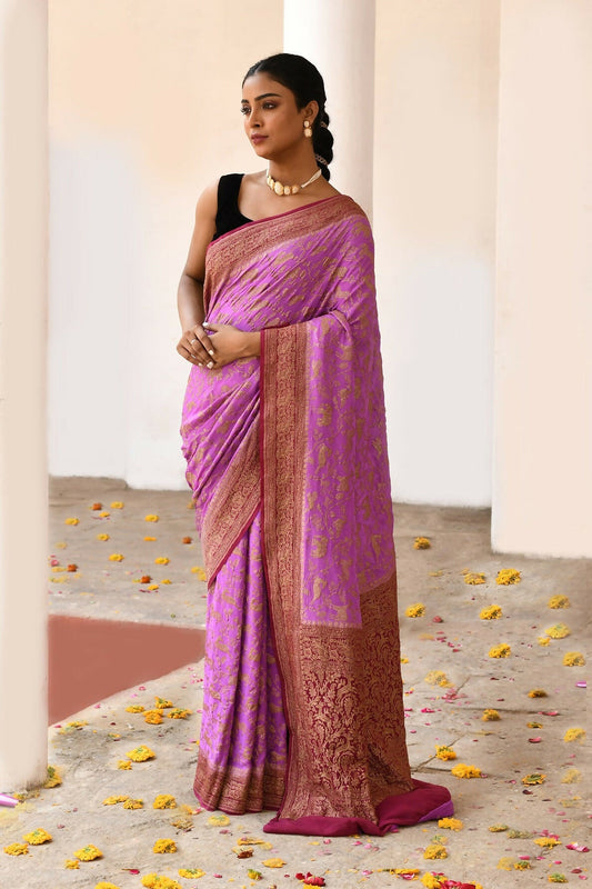 Joban Fashion Hot Pink Crepe Chiffon Pure Handloom Banarasi Silk Saree | Swadesiicart