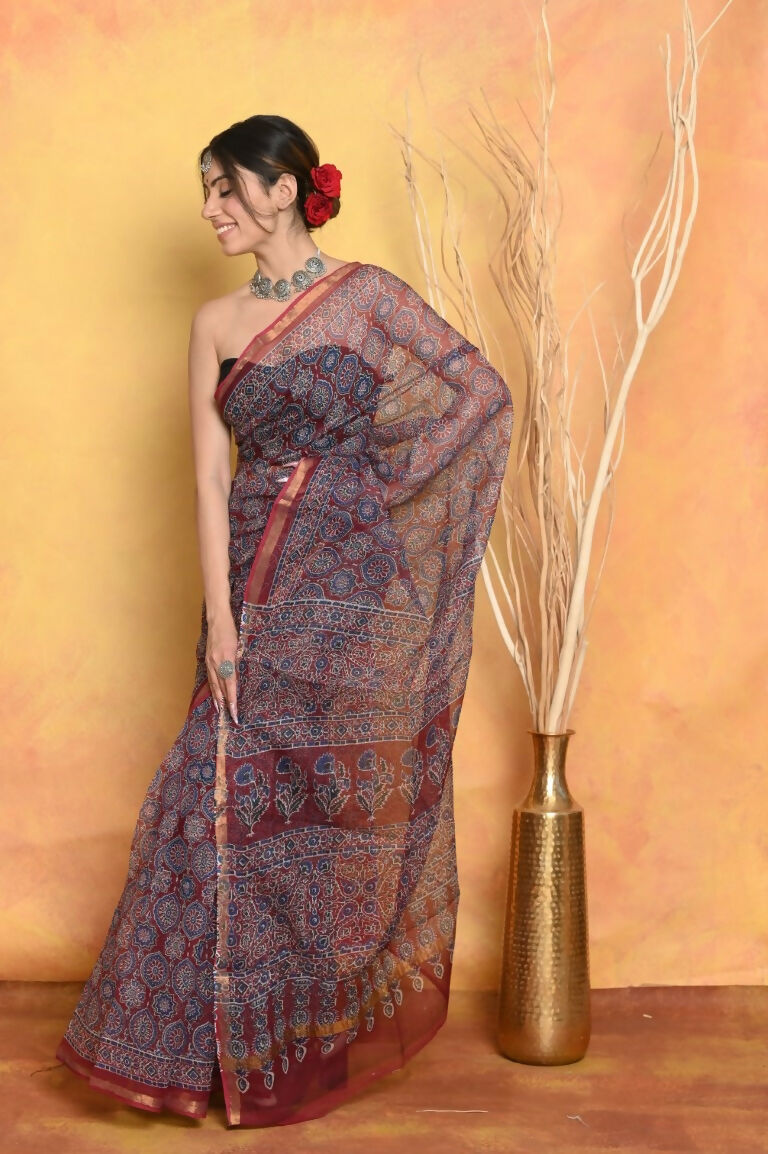 Very Much Indian Pure Kota Cotton Handblock Printed Saree - Grey | Swadesiicart