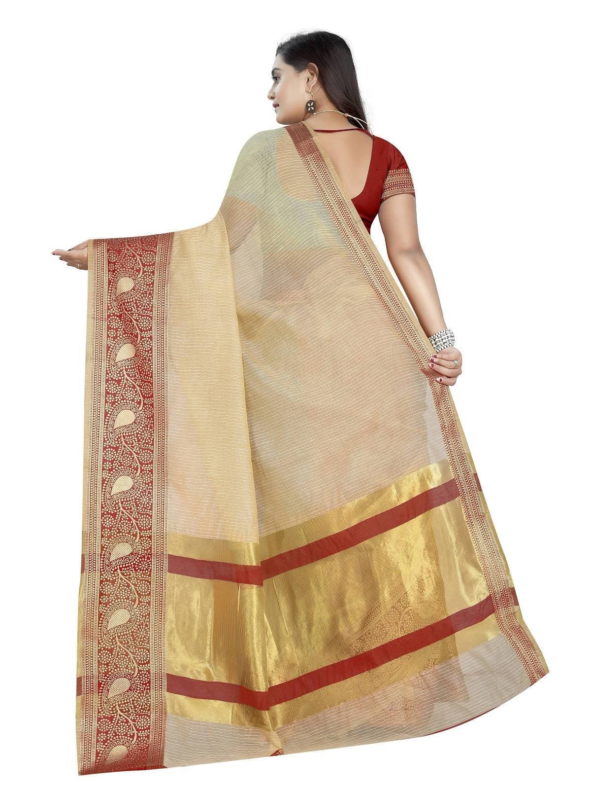 Vamika Banarasi Jaquard Cream Weaving Saree | Swadesiicart