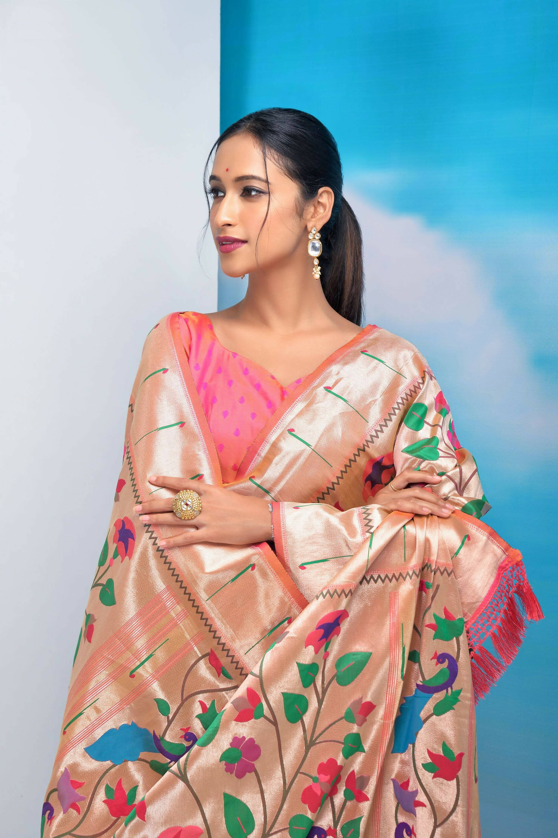 Vishnu Weaves Women's Peach Paithani Silk Minakari Zari Woven Saree with Unstitched Blouse - Swadesiicart