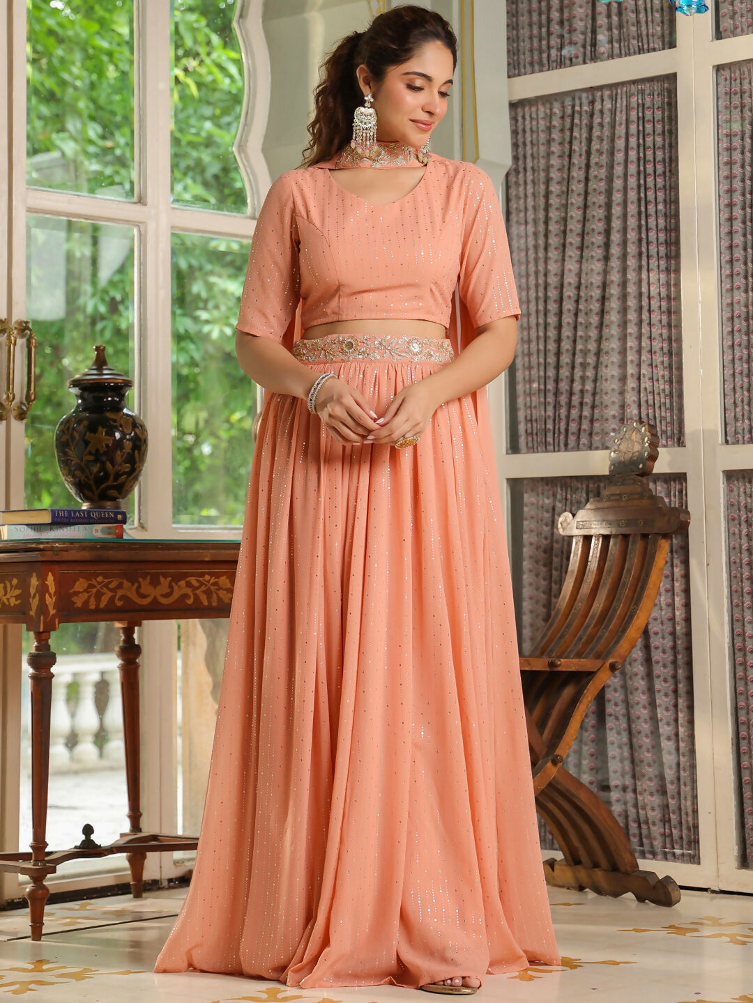 Janasya Peach Georgette Foil Print Lehenga Choli Dupatta | Swadesiicart